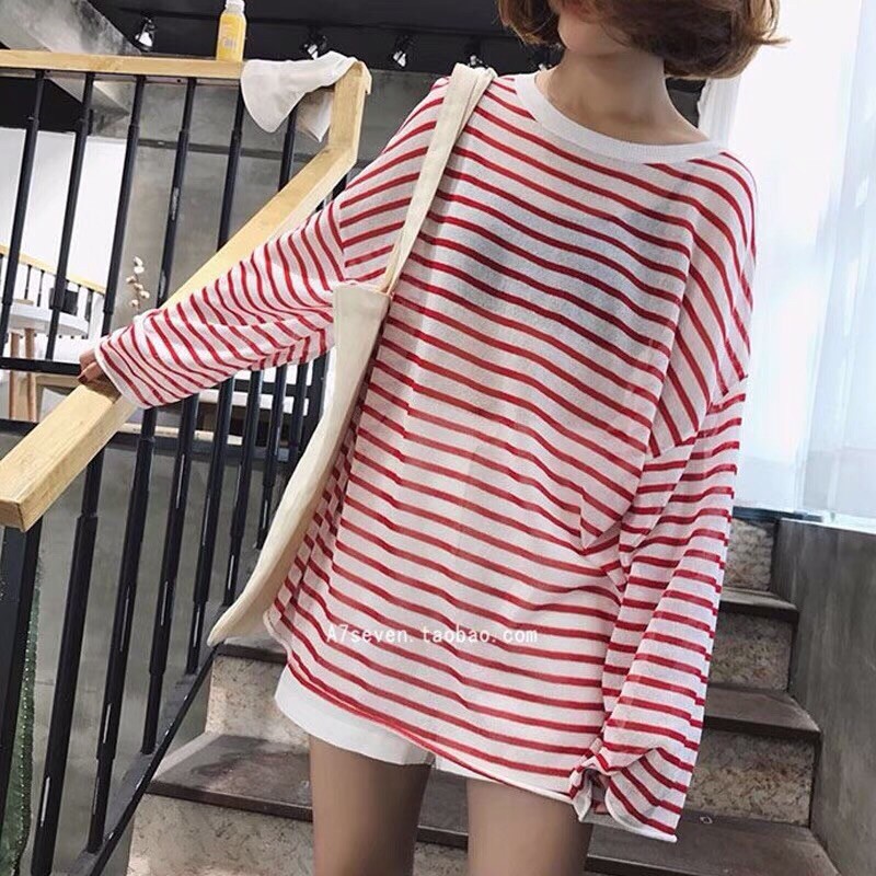 áo len mỏng dáng oversize - sọc kẻ ngang basic (6320#)