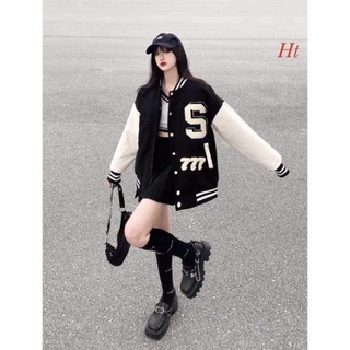 Áo khoác bomber phối tay trắng S M Ht