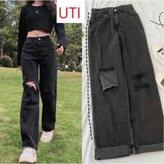 QUẦN JEAN ỐNG RỘNG NỮ LƯNG CAO RÁCH 3 SỌC MÀU XÁM ĐẬM CAO CẤP UTI ĐỦ SIZE S, M, L MÁT MẺ, PHONG CÁCH, THỜI TRANG