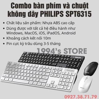 Combo bàn phím và chuột không dây PHILIPS SPT6315 không phát âm thanh khi gõ chống thấm nước - Dùng PC, Laptop, Tivi