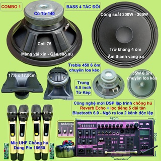 Mạch loa kéo 4 tấc đôi 200W + 200W DSP Reverb Echo có chống hú Equalizer 5 Band 2 kênh treble 450 và mic UHF pin 18650