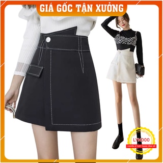 Quần giả váy nữ cạp cao - Quần short giả váy xếp lệch may chỉ nổi 2 màu trắng đen vải tuyết mưa vitex cao cấp