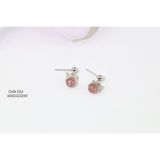 Khuyên Tai Bạc Ý 925 Mặt Mèo Xinh Dâu Tây