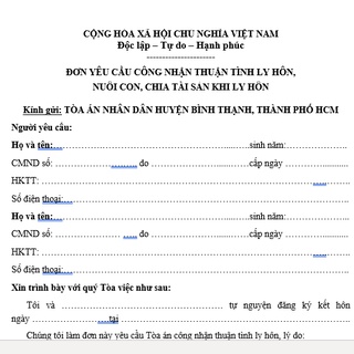 Mẫu đơn ly hôn thuận tình Tòa án huyện Bình Thạnh, TP HCM + Bản hướng dẫn viết đơn ly hôn, hồ sơ ly hôn