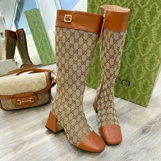 Boots gối Guccii nâu tiết chữ GG nâu đen