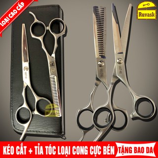 [COMBO] Bộ Kéo Tỉa Tóc 2 Răng Chuyên Nghiệp + Kéo Cắt Tóc Nam Nữ PLO FEEL CAO CẤP + Tặng Túi Đựng Kéo Da