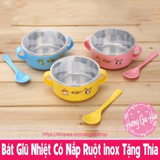 Bát giữ nhiệt 2 lớp ruột inox kèm thìa và nắp đậy cho bé