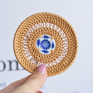 Tấm lót cốc lót ly uống trà bằng sứ đan mây tre trang trí nhà cửa, đạo cụ chụp ảnh decor