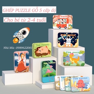 Ghép hình hộp thiếc 5 cấp độ, ghép puzzle 1 hộp 5 tranh 5 cấp độ cho bé từ 2-4 tuổi