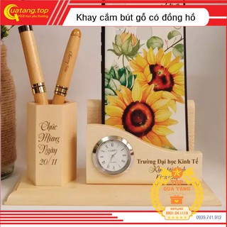[TẶNG HỘP GÓI QUÀ] Khay cắm bút gỗ cao cấp Maple đồng hồ để bàn 70x80x180mm KCBG02DH kèm dịch vụ khắc tên theo yêu cầu
