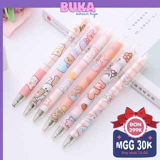 Bút gel mực đen ngòi 0.5mm Gấu hoạt hình cute Bukavn Viết gel bấm màu hồng đáng yêu BDC