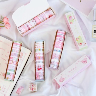Hộp 10 cuộn băng dính trang trí washi tape Hồng đựng hộp xinh