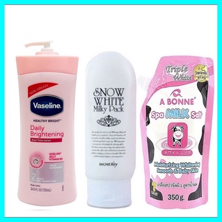Dưỡng thể vaseline + kem dưỡng snow white secret key + muối tẩy tế bào chết a bonne (combo)