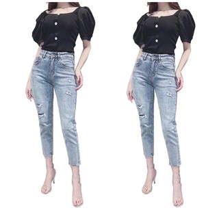 Quần jean nữ 9 tấc phom baggy big size lưng cao, co dãn mạnh màu xám bạc, lai cuốn 3787