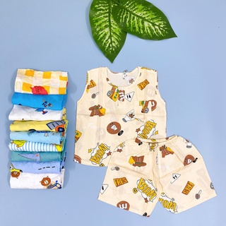 (SIZE 3 ) Bộ tole lanh (tôn) lanh lụa  mặc nhà bé trai ngắn sát nách, dễ thương size 7-10 kg, bộ bé trai mặc hè, mát mẻ.