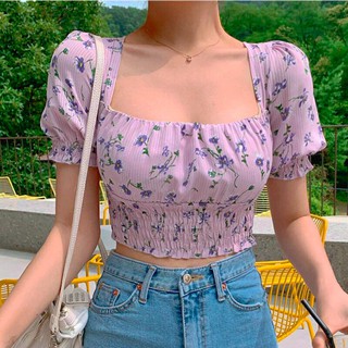 Áo croptop ôm cổ vuông hoa nhí tím kiểu nữ RANA CROPTOP