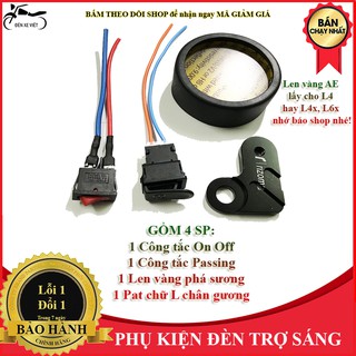 4 Món phụ kiện đèn trợ sáng gồm 1 công tắc on off, 1 công tắc passing, 1 Len vàng phá sương và 1 pat chữ L chân gương