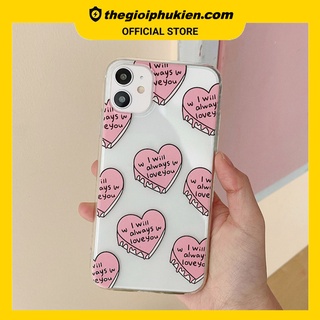 Ốp lưng iphone silicon dẻo trong suốt trái tim hồng dành cho iphone 6 đến 14promax - t41