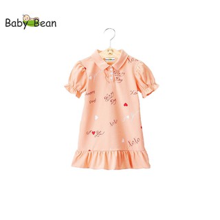 Đầm Thun cổ Bẻ Tay Phồng Vạt Đuôi Cá họa tiết Trái Tim bé gái BabyBean (20kg - 35kg)