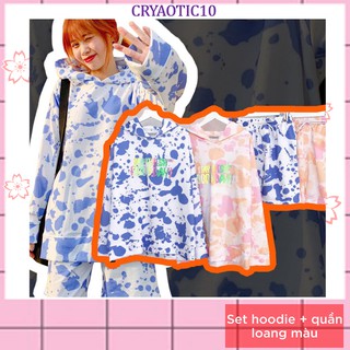 [Kèm hình thật] Set bộ áo hoodie camo loang màu + quần short siêu xinh ulzzang unisex