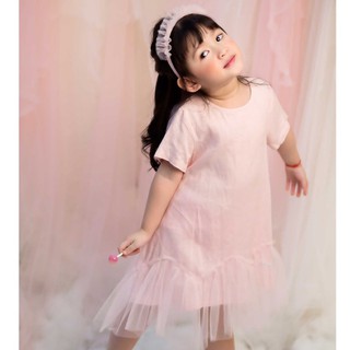 Lamm - Váy bé gái váy linen suông phối voan hồng cho bé AVOAN