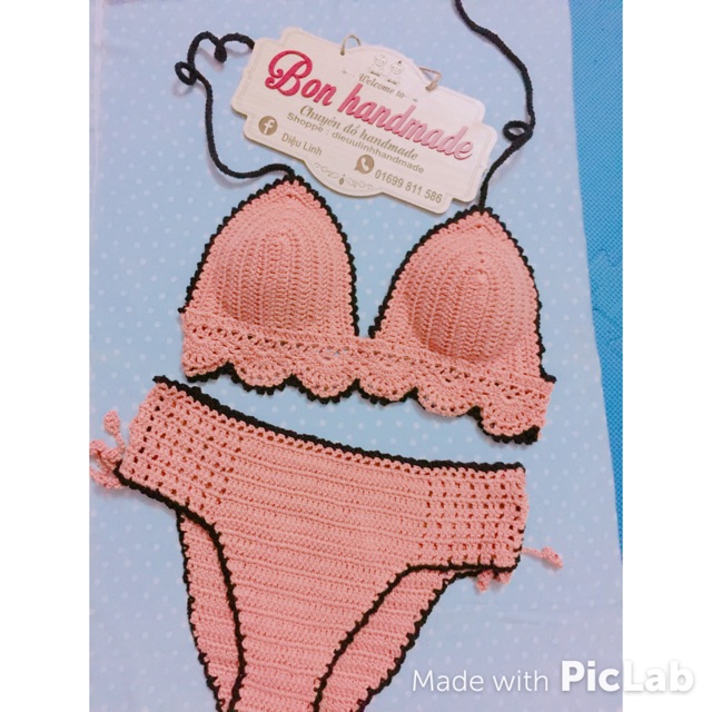 Set bikini len móc viền đen