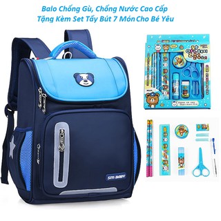 Balo học sinh cấp 1 chống gù, phản quang -tặng kèm set bút tẩy 7 món cho bé BALO-13-BUT