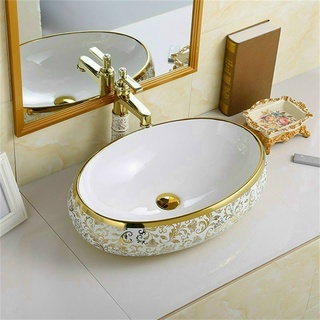 Chậu rửa mặt men sứ hoa văn vàng Oval, vuông &amp; tròn, lavabo đặt bàn cao cấp. CHỌN HỎA TỐC SHIP NHANH 2H TPHCM