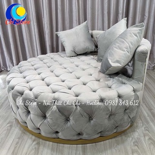 Sofa Giường Cổ Điển Nhún Sang Chảnh, Đôn Tròn Sofa Giường Có Tựa Kèm Gối