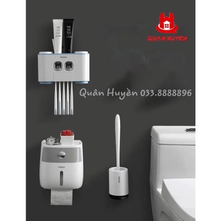 Bộ 3 chi tiết Ecoco | Kệ nhả kem 4 cốc, Cọ toilet silicon, Hộp giấy vệ sinh 2in1 không khoan tường mẫu mới