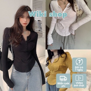 Áo croptop nữ dài tay thun tăm túi ngực Wikishop đen trắng vàng freesize form ôm tôn dáng cài cúc sexy tôn dáng C535