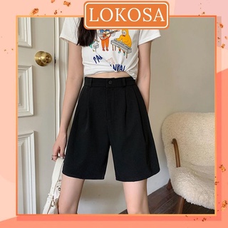 Quần Đùi Lửng Nữ LOKOSA Quần sooc Ống rộng Lưng cao Đẹp Màu Đen thể thao Chất vải Tuyết mưa Hàn Quốc QD006