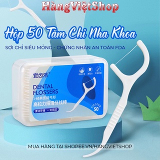 Hộp 50 tăm chỉ nha khoa, tăm xỉa răng sợi chỉ mảnh nhỏ tiệt trùng vệ sinh răng miệng