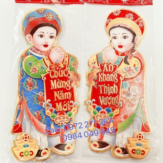 1 đôi decal dán cửa 3D hình Cô Cậu áo dài Việt Nam cách tân trang trí tết dài 40cm - 60cm