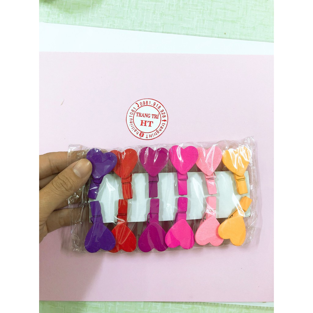 Túi 12 cái kẹp giấy trái tim gỗ trang trí bàn làm việc nhà cửa