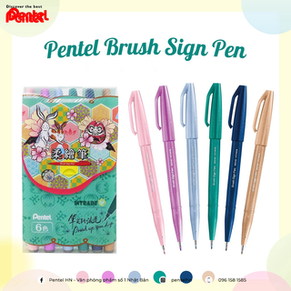 Set 6 Bút Viết Thư Pháp Calligraphy Pentel Brush Sign Pen SES15C