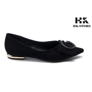 Giày bệt nữ mũi nhọn ❤️ HK.STORE ❤️ da lộn đủ màu gót trụ đính kim loại viền siêu xinh, hàng cao cấp 2021.
