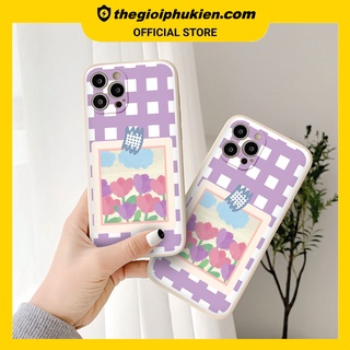 Ốp iphone - Ốp lưng iphone cạnh vuông caro hoa tím dành cho ip 6 đến 14promax - ng254