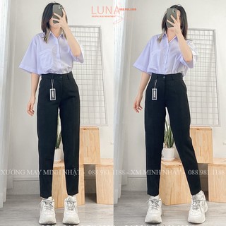 Quần tây baggy đi học nữ lưng cao cạp có đai nịt dáng dài màu Đen Xanh - Quần vải học sinh nữ cấp 3 2 đi học làm công sở