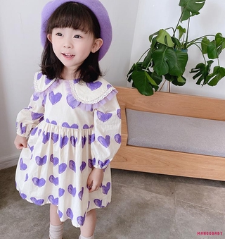 Đầm Tay Dài Họa Tiết Trái Tim Đáng Yêu Cho Bé Gái