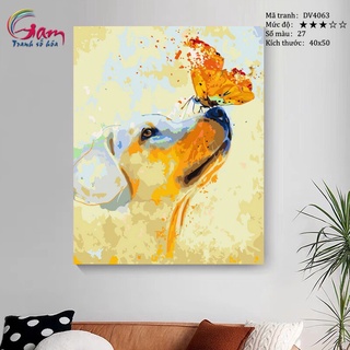 Tranh tô màu theo số sơn dầu số hóa Gam chó và bướm vàng DV4063