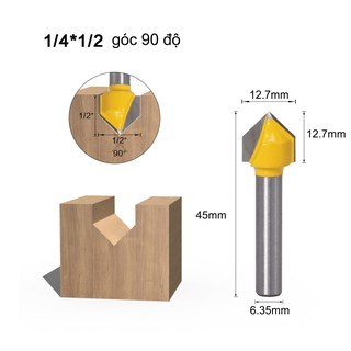 Mui soi gỗ, Mũi phay gỗ phay rãnh V 90 độ, cốt 6.35mm -P_VA060071