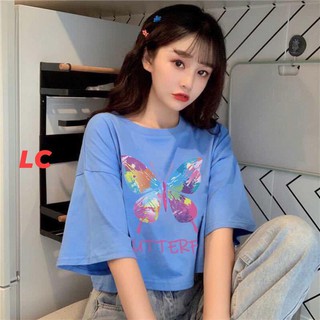 Áo croptop tay lỡ form rộng cổ tròn họa tiết Butterfly chất thun bozip mềm mịn croptop dáng rộng cực mát cho mùa hè