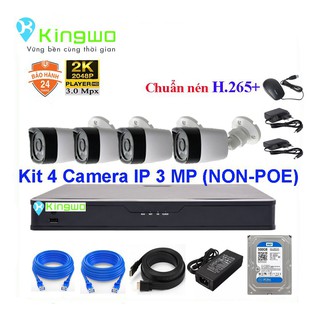 Bộ KIT 4 camera IP (4 Thân) 3.0MP KingWo (NON-POE)Có ổ cứng 500G, chống nước-Bảo hành 2 năm 1 đổi 1 Tặng 40m dây mạng