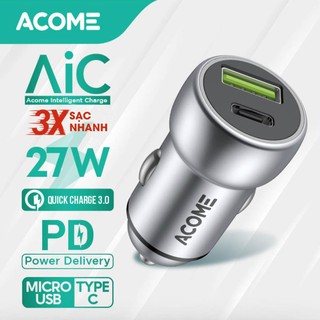Cốc sạc Ôtô ACOME ACC02 2 Cổng Sạc USB &amp; PD QC 3.0 27W - BẢO HÀNH 1 ĐỔI 1 CHÍNH HÃNG
