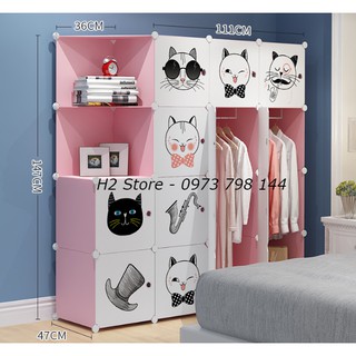 TỦ NHỰA GHÉP THÔNG MINH 16 Ô ( GỒM 2 KỆ GÓC ) CỬA HÌNH MÈO MŨ DỄ THƯƠNG ĐỂ ĐỒ ĐA NĂNG SÂU 47CM