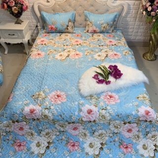 Set ga phủ trần bông xẻ góc và 2 vỏ gối poly cotton