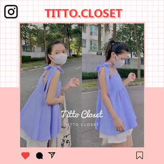 Set Babydoll Kẻ Xanh Buộc Dây + Quần Shorts Trắng - Ảnh Thật - Titto Closet