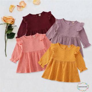 Đầm tay dài viền bèo 1 mảnh chất cotton lanh đáng yêu cho bé gái