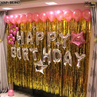 Set chữ Happy Birthday+ 2 rèm kim tuyến+ 50 bóng nhũ+ 2 ngôi sao,bơm,keo, ruy băng